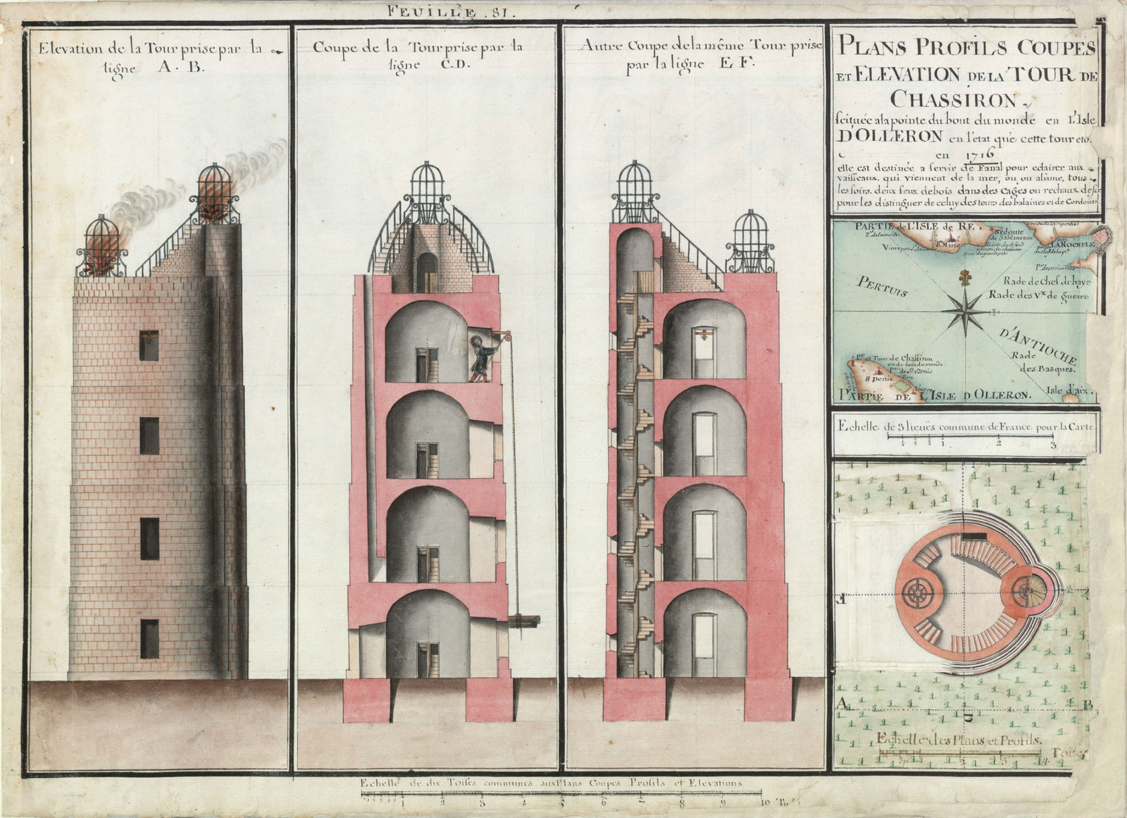 Plan, profils, coupes et élévation de la tour de Chassiron, 1716